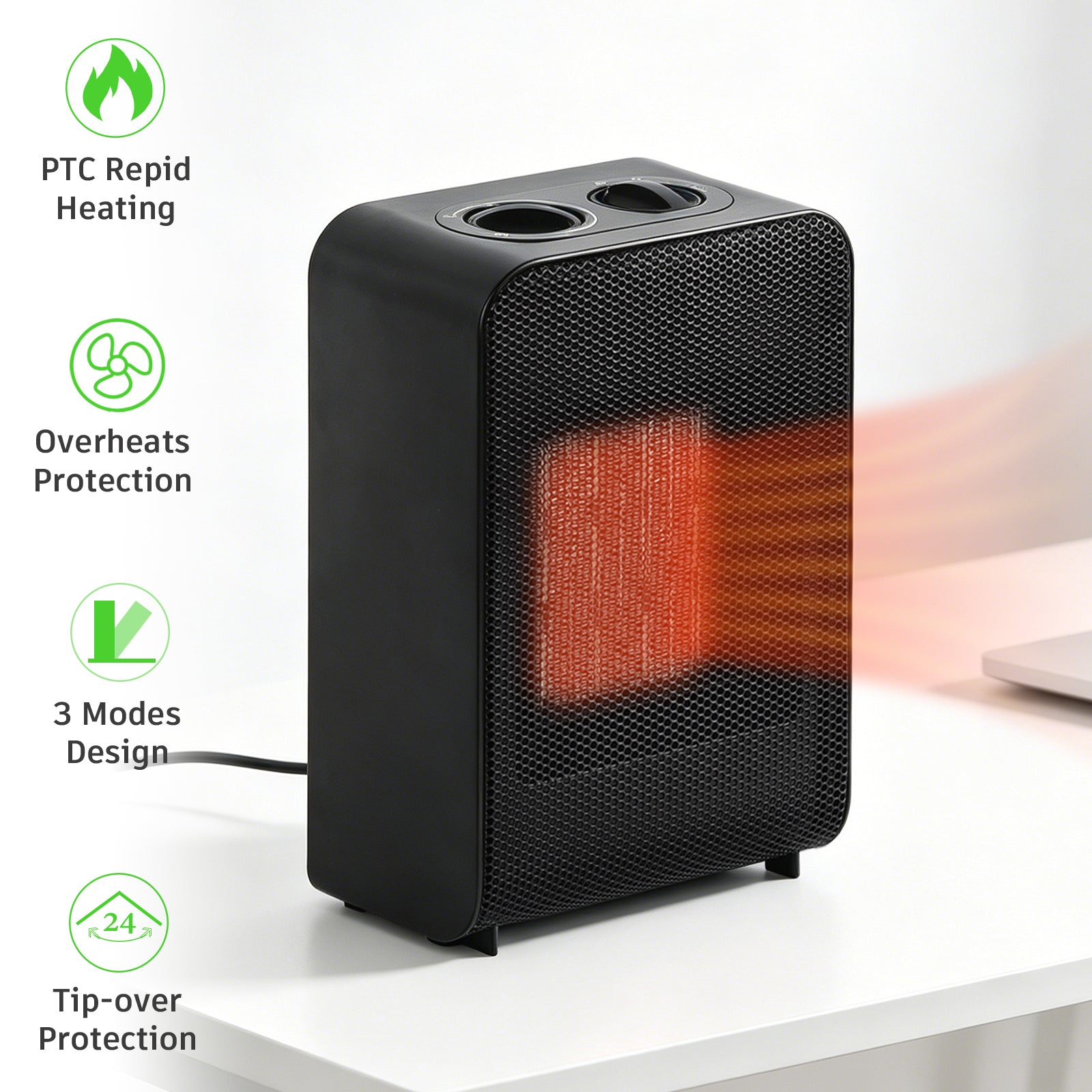 750W/1500W Portable Ceramic Indoor Space Heater with Adjustable Thermostat, Tip-Over & Overheat Protection, Personal Desktop Radiator for Home and Office