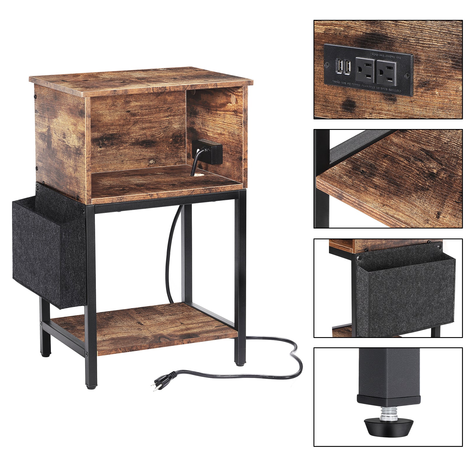 Wide End Table with Charging Station & Storage Pocket - Industrial Sofa Side Table for Living Room