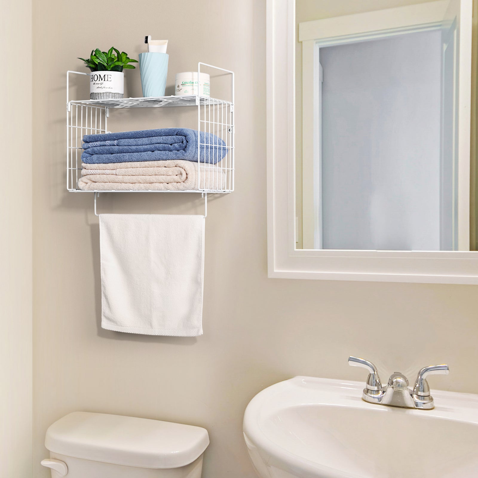 2 Tier White Wall Mounted Bathroom Shelf with Integrated Towel Bar, Metal Hanging Storage Organizer for Kitchen or Laundry Room