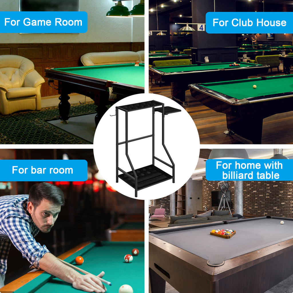 Space-Saving Bamboo Pool Cue Rack - Floor Stand Holder for 10 Billiard Sticks & Balls, Black