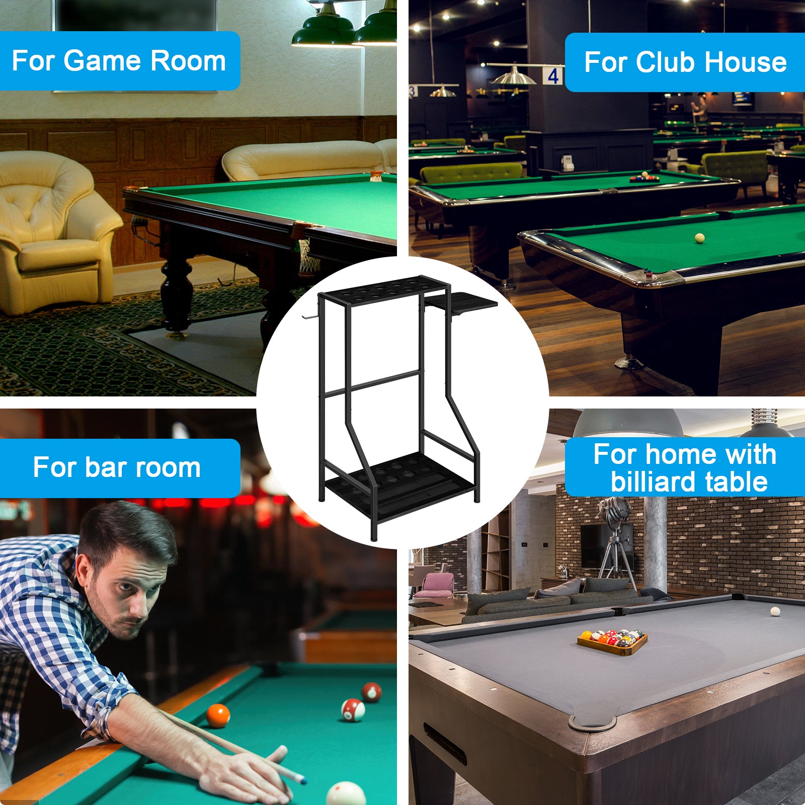 Space-Saving Bamboo Pool Cue Rack - Floor Stand Holder for 10 Billiard Sticks & Balls, Black
