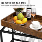 Beverage trolleys and beverage bottle racks, mobile kitchen service trolleys with storage and glass brackets, movable beverage trays, wheels and handles on trolleys, plain brown