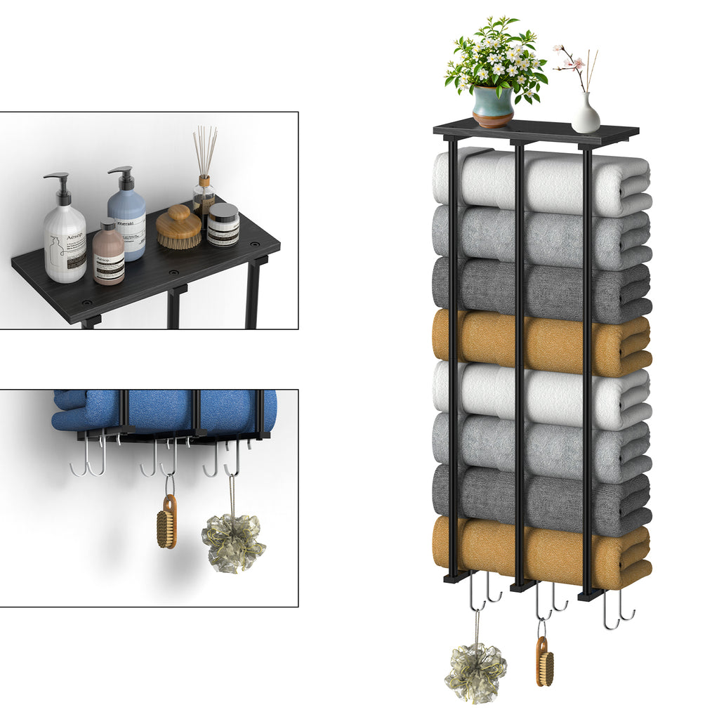 Wall Mounted Towel Rack with Wood Shelf & 6 Hooks, Metal Bathroom Organizer for Large Rolled Towels, Black,