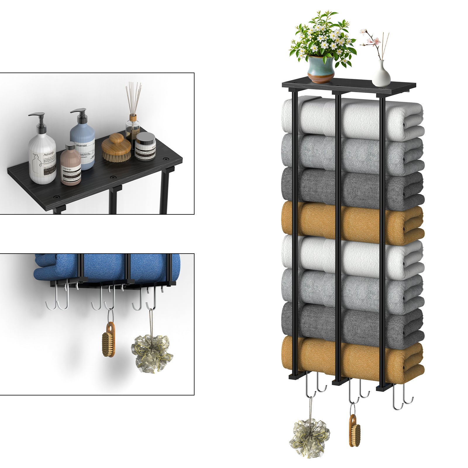 Wall Mounted Towel Rack with Wood Shelf & 6 Hooks, Metal Bathroom Organizer for Large Rolled Towels, Black,