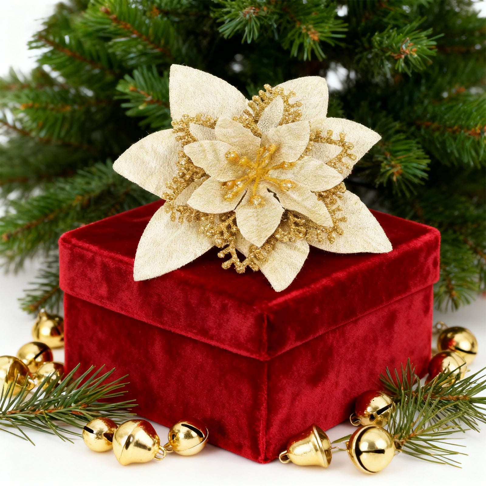 Christmas Tree Glitter Poinsettia Flowers Artificial Berry Picks Decorations，12 pcs