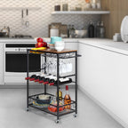 Bar Cart, Mobile Bar Serving Cart, Rolling Wine Cart with Glass Stemware Rack and Wine Bottle Holders, ndustrial Vintage Style Kitchen Serving Cart for, Kitchen(Black)