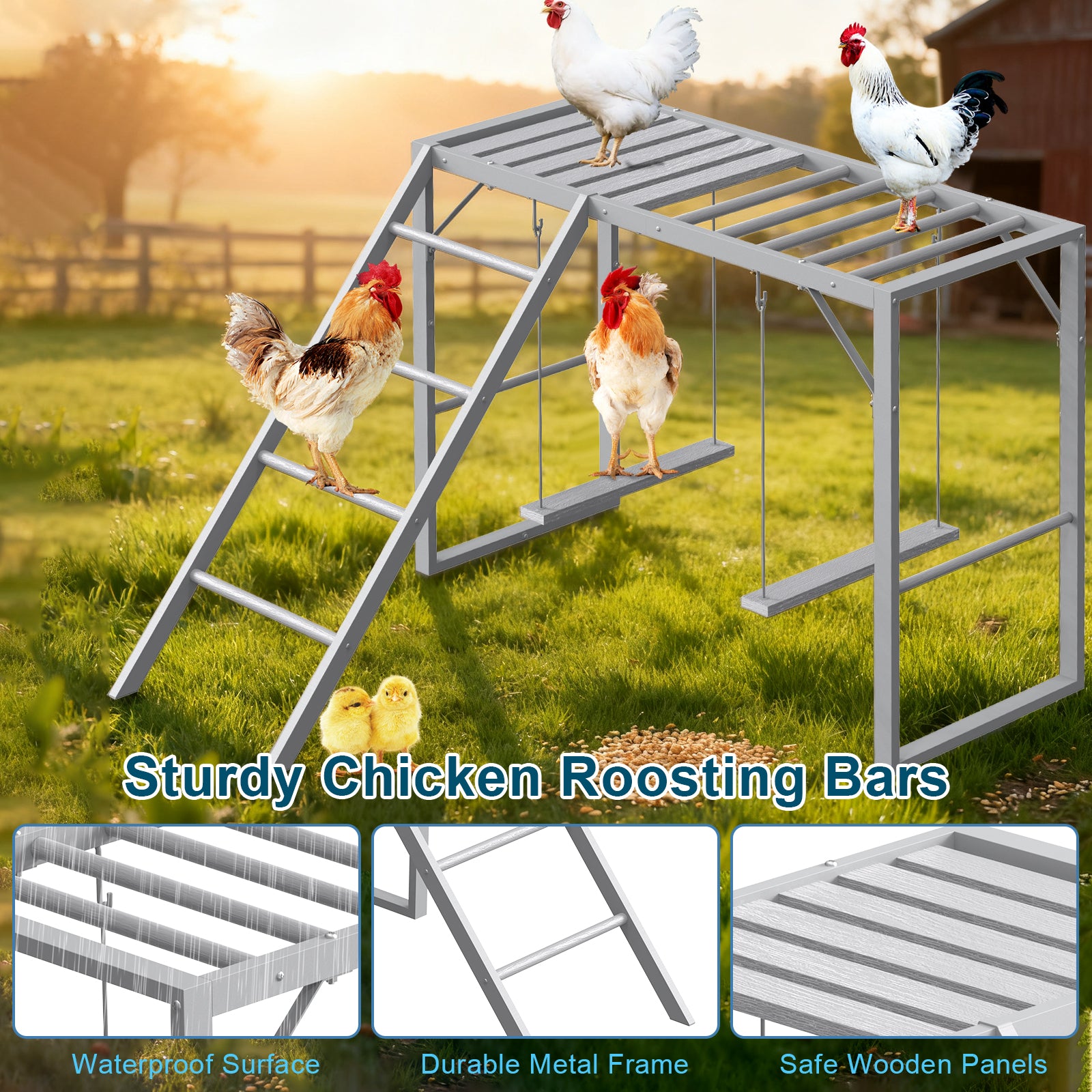 Chicken Perch Playground with Swing Set, Grey Wooden Chicken Activity Toy with Roosting Bars, Ladder & Swings for Coop, Holds 4-6 Chickens