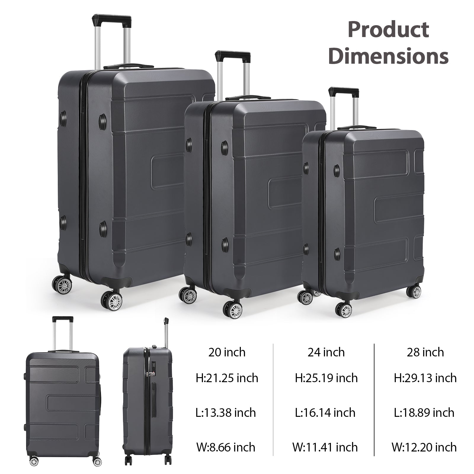 3 Piece Luggage Sets Carry On Hardshell Travel Suitcase Spinner Wheels TSA Lock