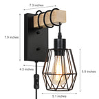 Set of 2 Industrial Plug-in Wall Lamps with Metal Cage Shades and Natural Wood Accents for Bedroom, Living Room, or Study