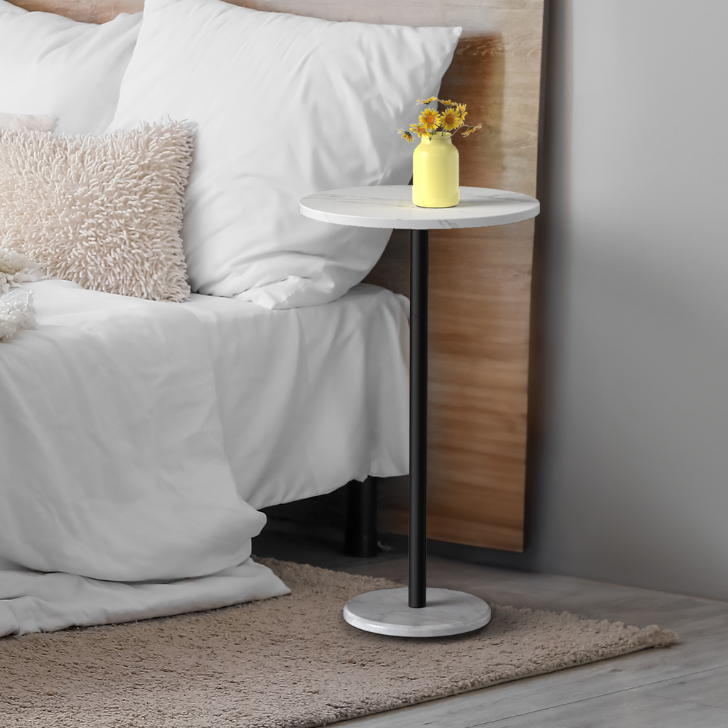 Carrara Luxe Pedestal Side Table | Modern Round Accent Tables with Genuine Marble Base