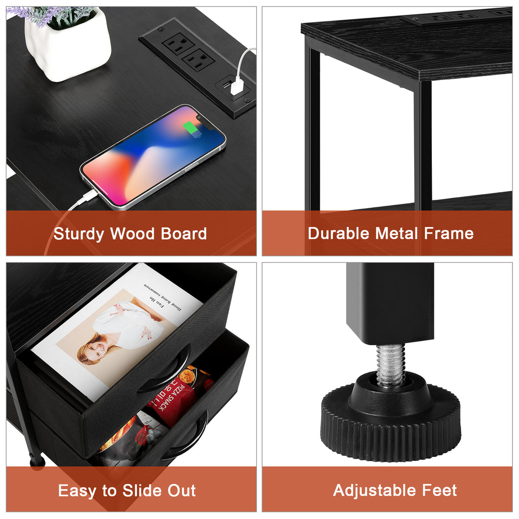 2-Pack Nightstands with USB Ports & Outlets -Black End Tables with Storage Drawers for Bedroom & Dorm