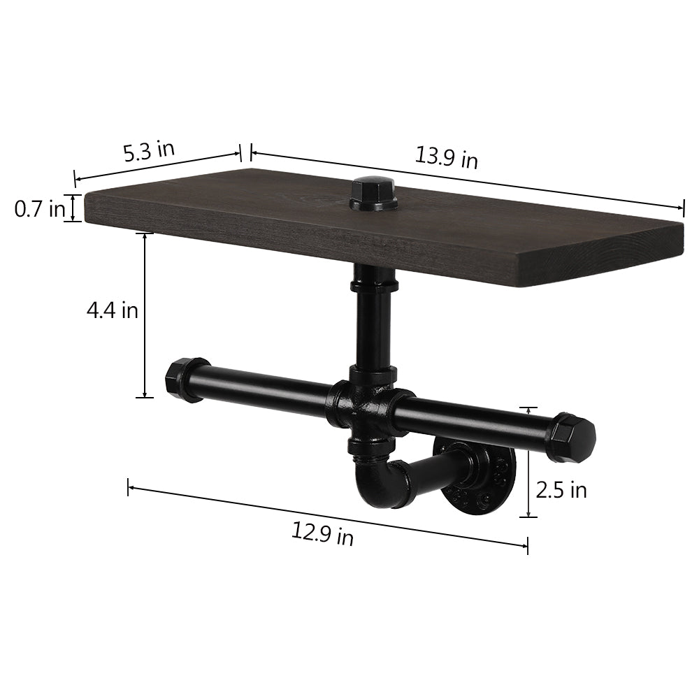 24-Inch Wide Industrial Pipe Toilet Paper Holder with Large Shelf - Wall-Mounted Rustic Wood Tissue Rack - Heavy Duty Double Roll Organizer