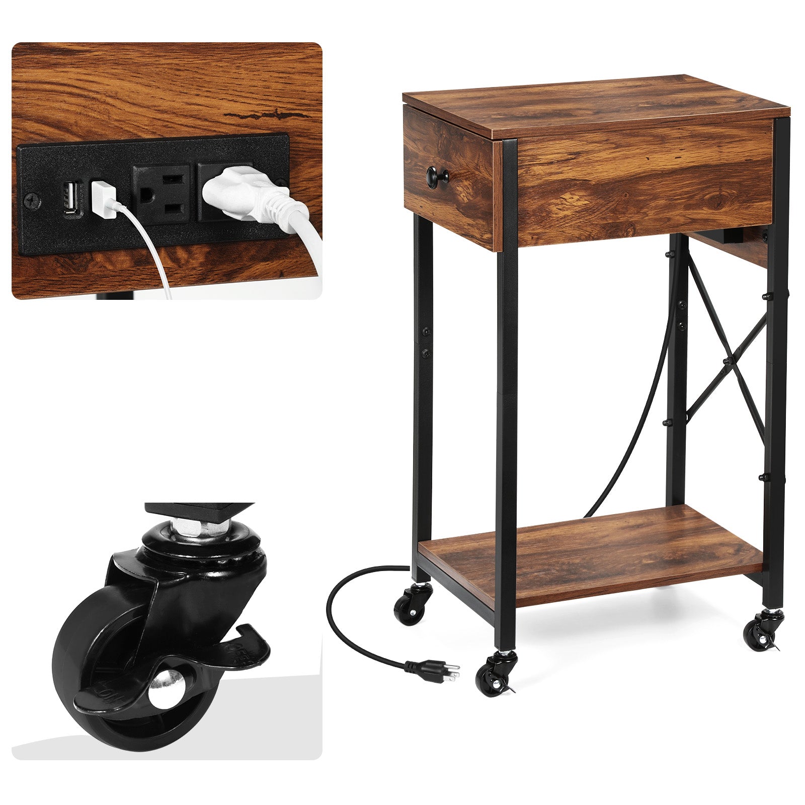 Computer Tower Stand with Charging Station & Storage Drawer, Mobile Printer Stand Table, CPU Holder Cart with 4 Lockable Wheels for Home Office,