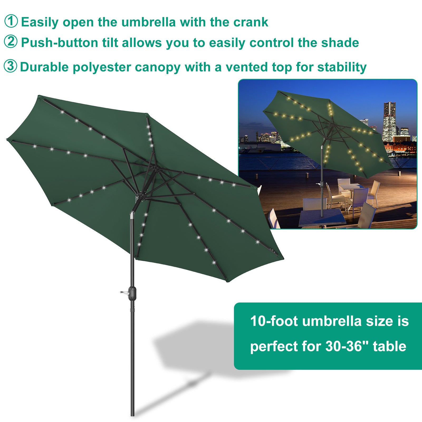 9ft Solar Powered Outdoor Umbrella -Tiltable Patio Market Umbrella with Crank, Green