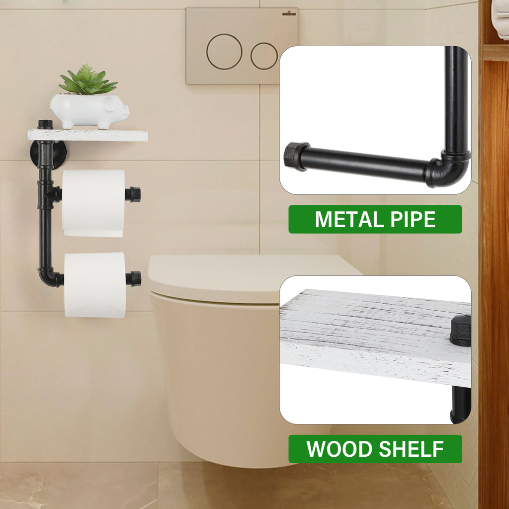 Double Roll Industrial Toilet Paper Holder with Shelf - Wall-Mounted Vertical Tissue Dispenser - Rustic Wood & Pipe Bathroom Storage Rack