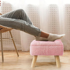 Small Storage Ottoman Foot Stool, Pink Faux Teddy Fur Footrest Stool with Wooden Legs, Multi-Purpose Shoe Changing Bench for Living Room, Bedroom, Entryway, Office