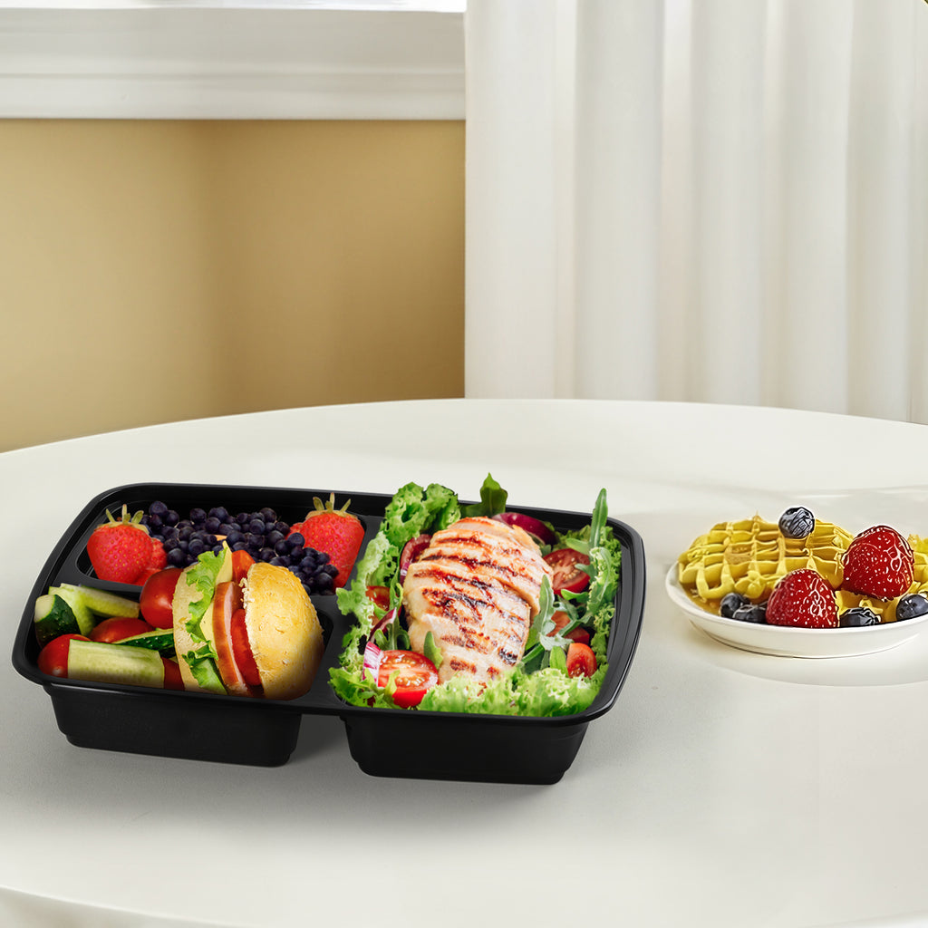 50-Pack 3-Compartment Meal Prep Containers - 38oz Reusable Plastic Bento Boxes - Portion Control Storage for Healthy Meals