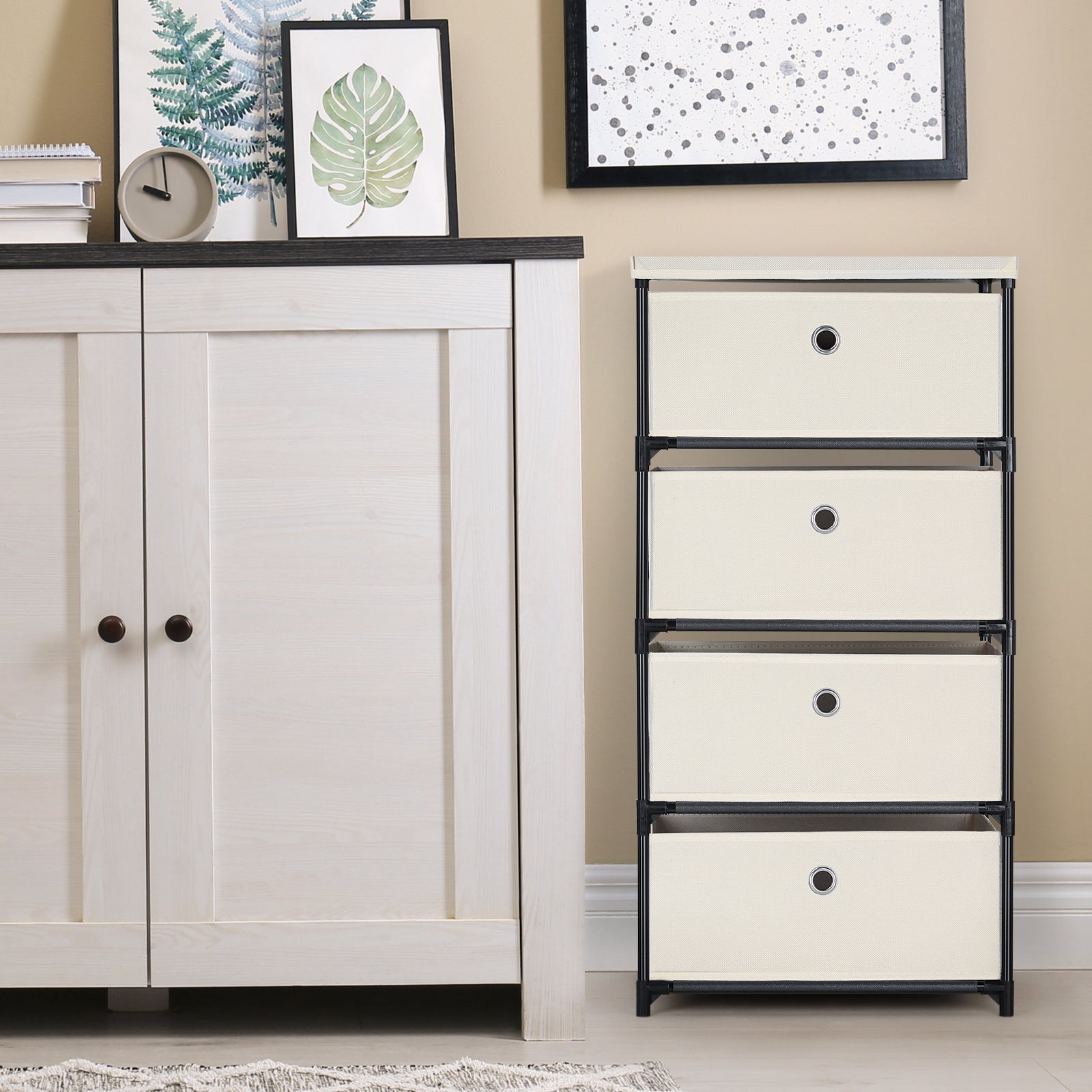 4-Drawer White Fabric Chest - Storage Organizer Unit for Closets, Bedroom & Dorm