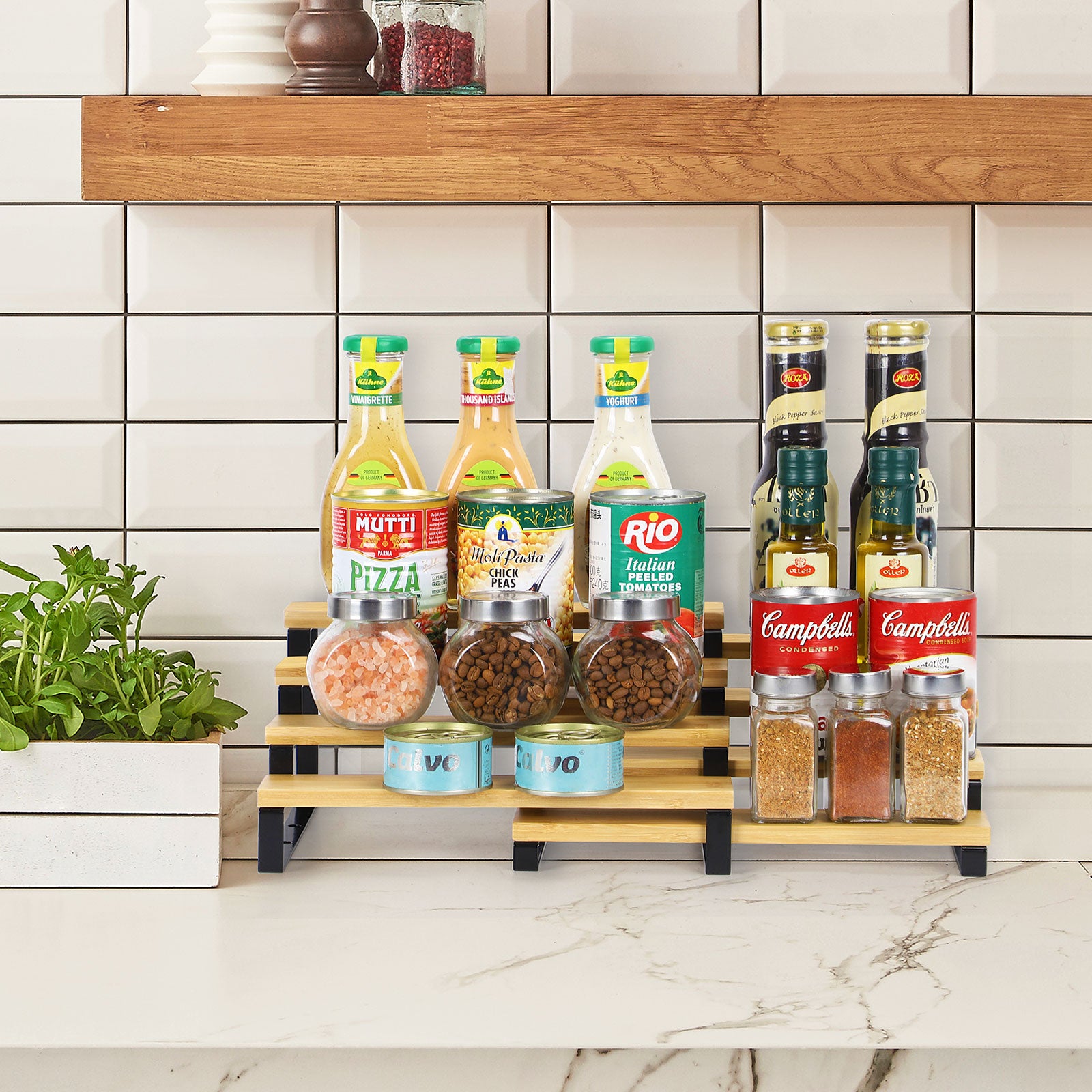 Heavy-Duty Bamboo Step Shelf Organizer | Expandable 3-to-4 Tier Spice Rack for Pantry & Countertop