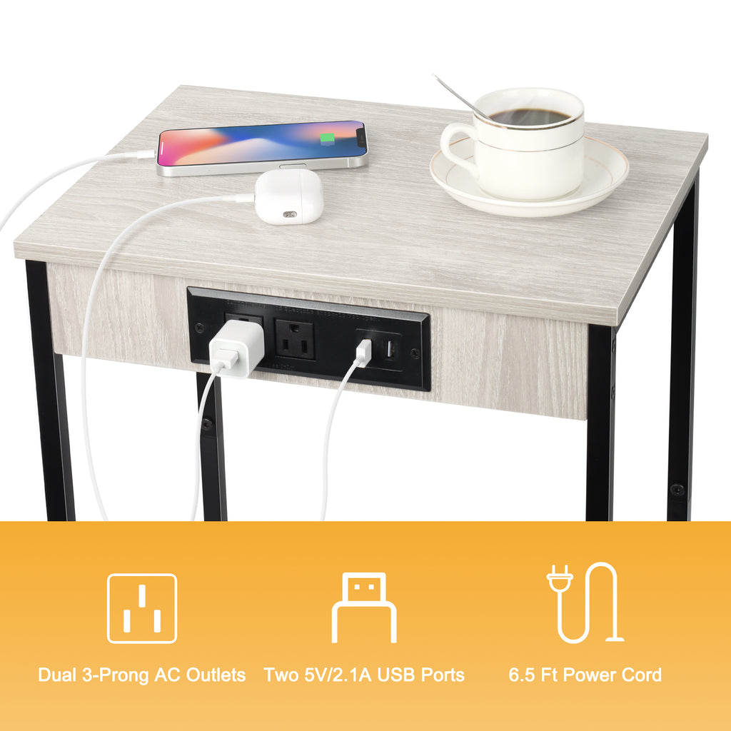 Modern Nightstands End Table with Charging Station Bedside Table Bedroom with Storage Basket Farmhouse Night Stand with for Bedroom Living Room Office