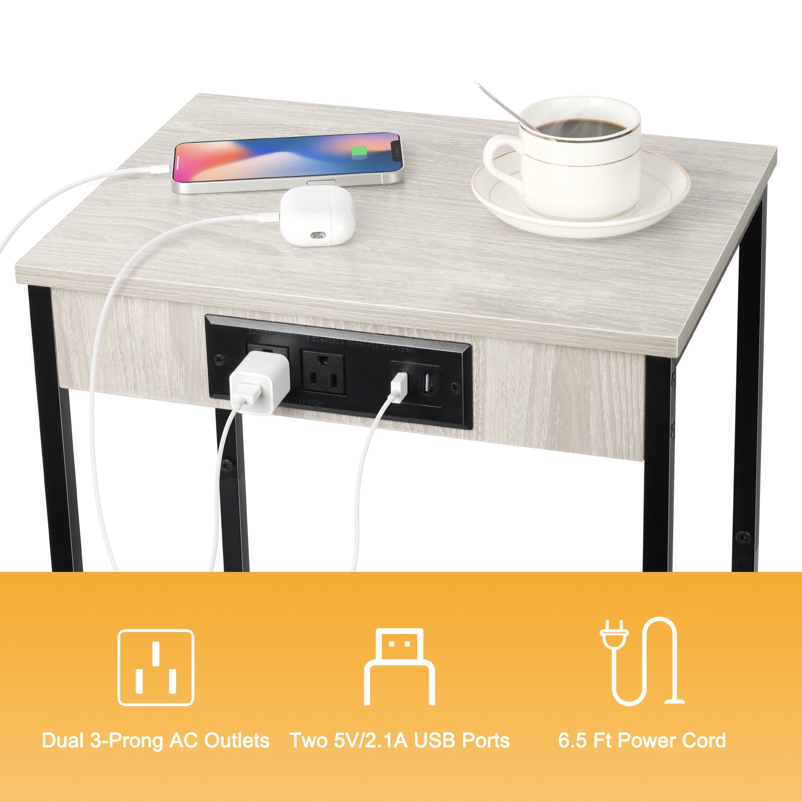 Modern Nightstands End Table with Charging Station Bedside Table Bedroom with Storage Basket Farmhouse Night Stand with for Bedroom Living Room Office