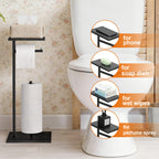 Free Standing Toilet Paper Holder Stand with Shelf, Black Metal & Wood Toilet Paper Storage with Reserve, Bathroom Organizer for Mega Rolls, Phones, Wipes