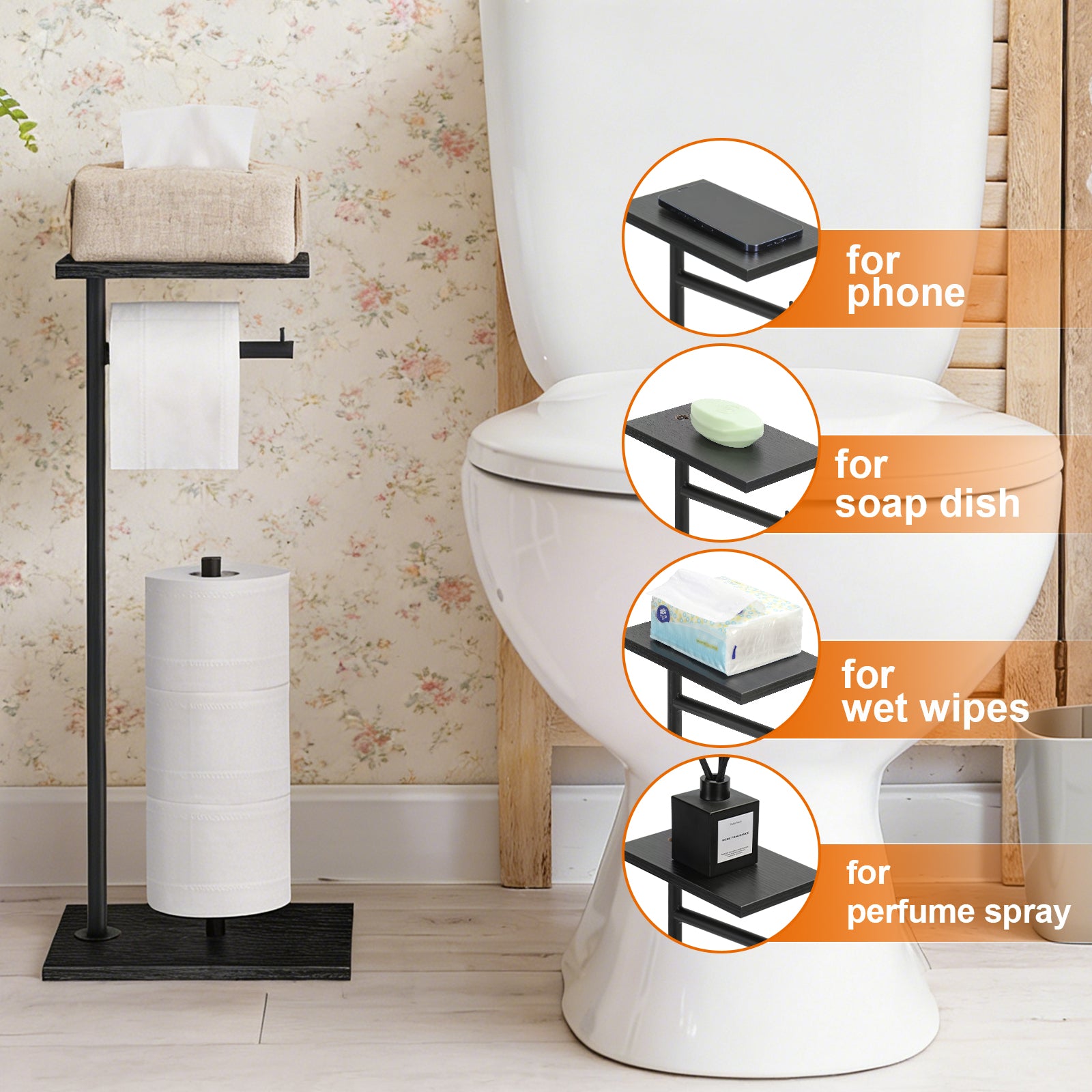 Free Standing Toilet Paper Holder Stand with Shelf, Black Metal & Wood Toilet Paper Storage with Reserve, Bathroom Organizer for Mega Rolls, Phones, Wipes