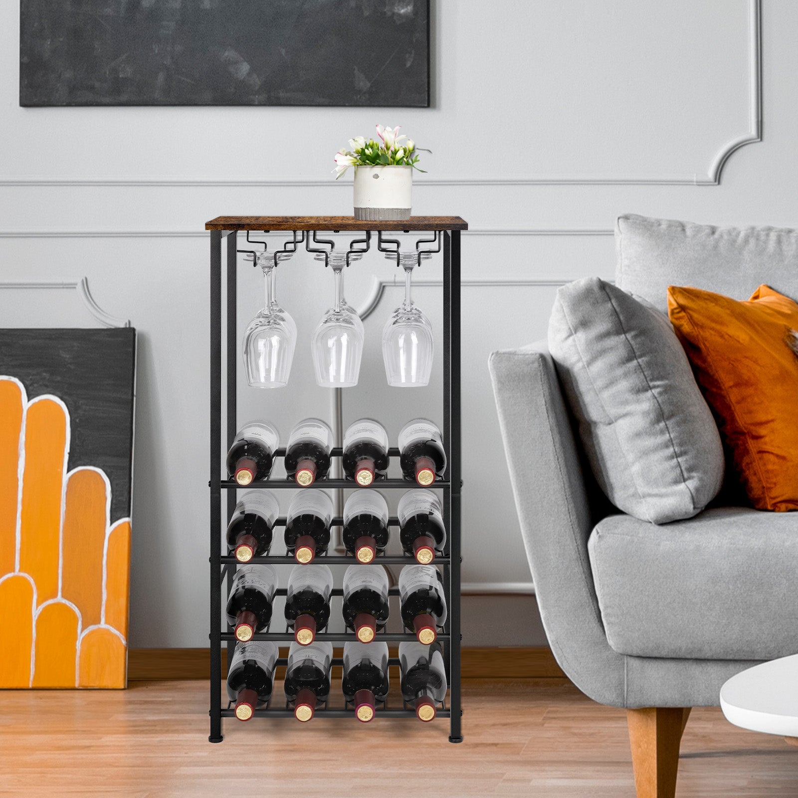 Freestanding Wine Rack Floor Stand with Glass Hanging Holder, Gray Oak Wood Top Metal Wine Storage Organizer, Holds 16 Wine Bottles & 9 Stem Glasses, Bar Cabinet Rack for Kitchen Dining Living Room