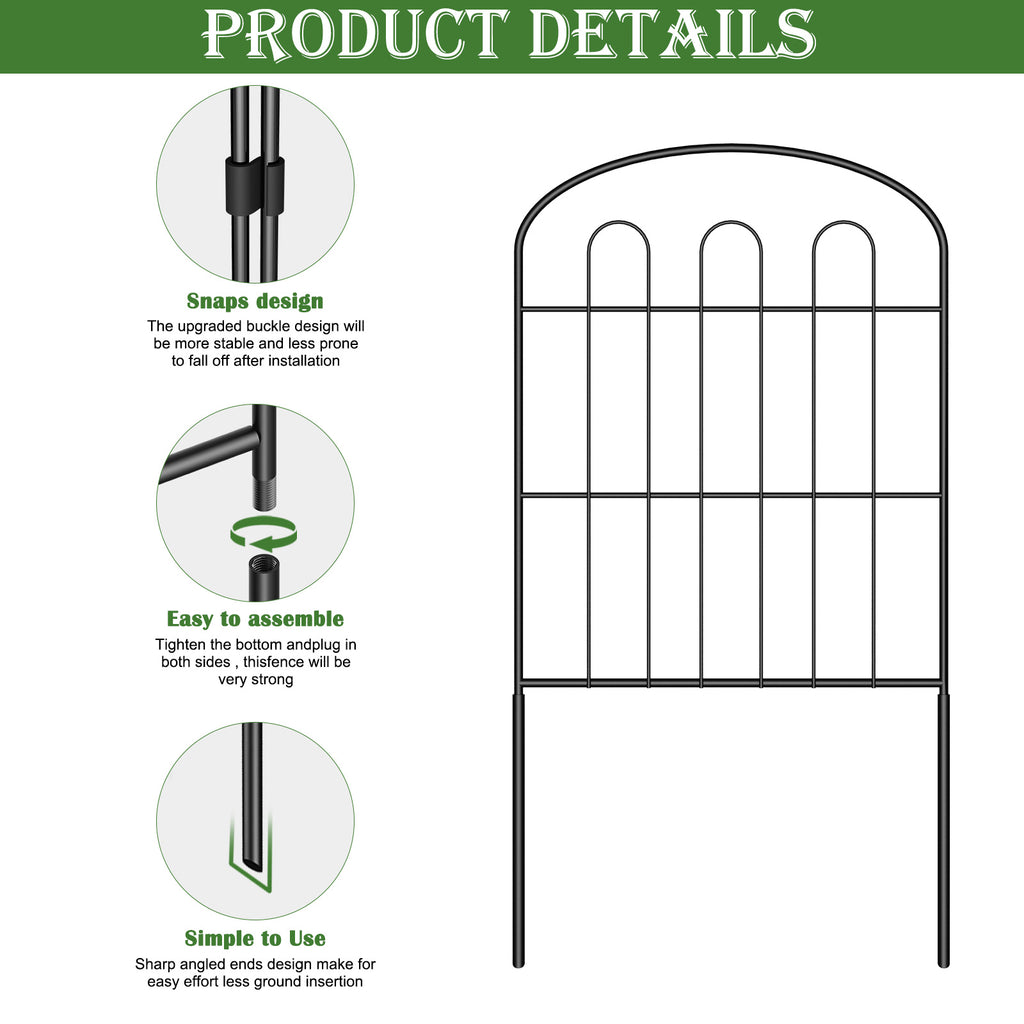 27-Pack Decorative Garden Fence & Animal Barrier - Rustproof Metal Wire No-Dig Fencing for Dogs & Rabbits, Outdoor Flower Bed Border, Black