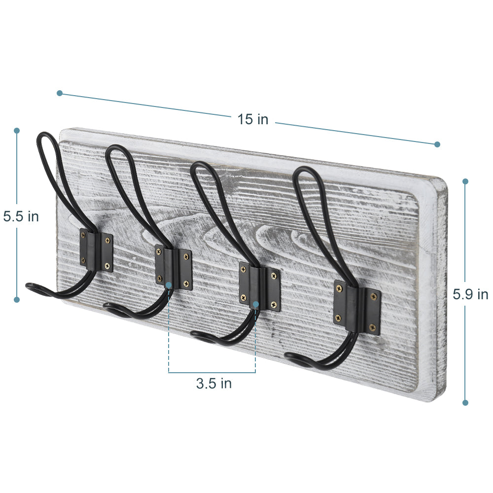 Set of 2 Rustic Wood Wall Hooks for Keys and Coats - Gray White Decorative Hanger with 4 Prongs for Entryway, Bathroom, or Bedroom Organizer