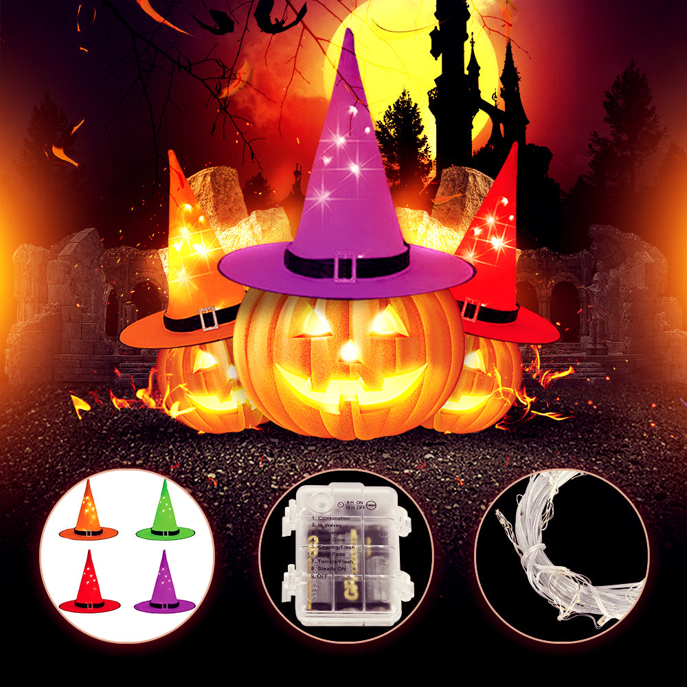 8 light-up witch hats in assorted colors, Halloween outdoor decorations. Each hat can be worn separately to liven up the Halloween atmosphere. Suitable for Halloween decor, parties and role-playing.