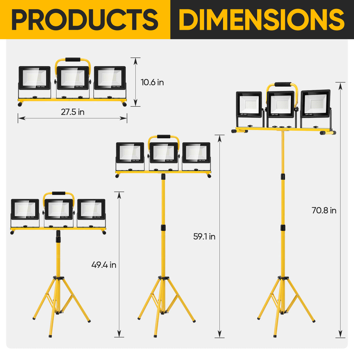 LED Work Light with Stand, 3 Adjustable Heads, Collapsible Tripod Stand, Individual Switch, Plug Powered, 6500 Kelvin Color Temperature, Suitable for Indoor and Outdoor Work, Photography Studio