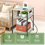 Bedside Table with Charging Station - 3-Tier Nightstand with USB Ports & Power Outlets