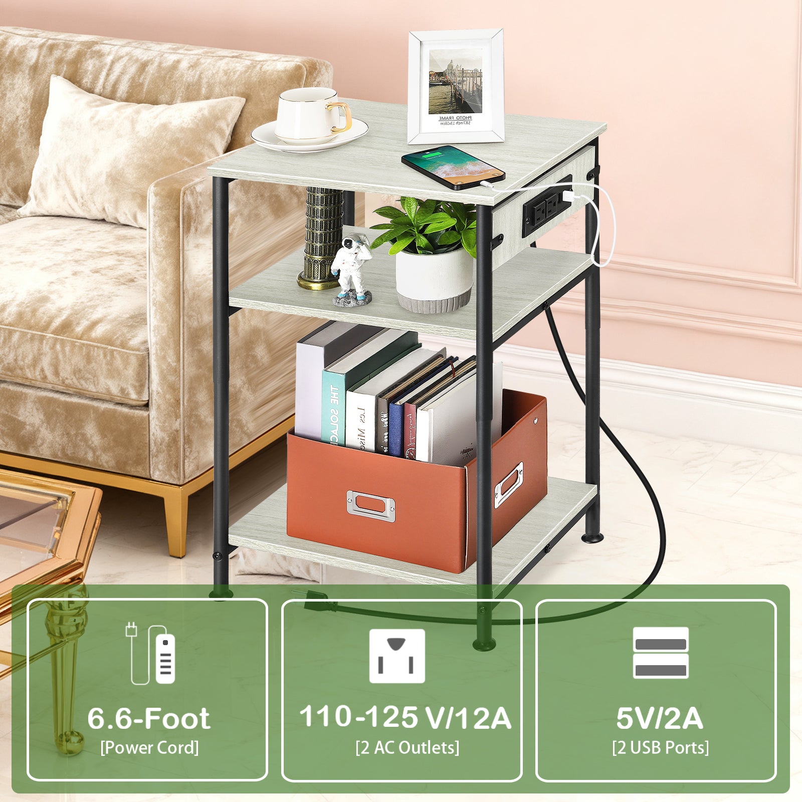 Bedside Table with Charging Station - 3-Tier Nightstand with USB Ports & Power Outlets