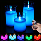 Flameless Glass Pillar Candles Set of 3, Remote Control with Timer, Realistic Flickering LED & USB Rechargeable, Safe Holiday Home Decor & Gift Idea