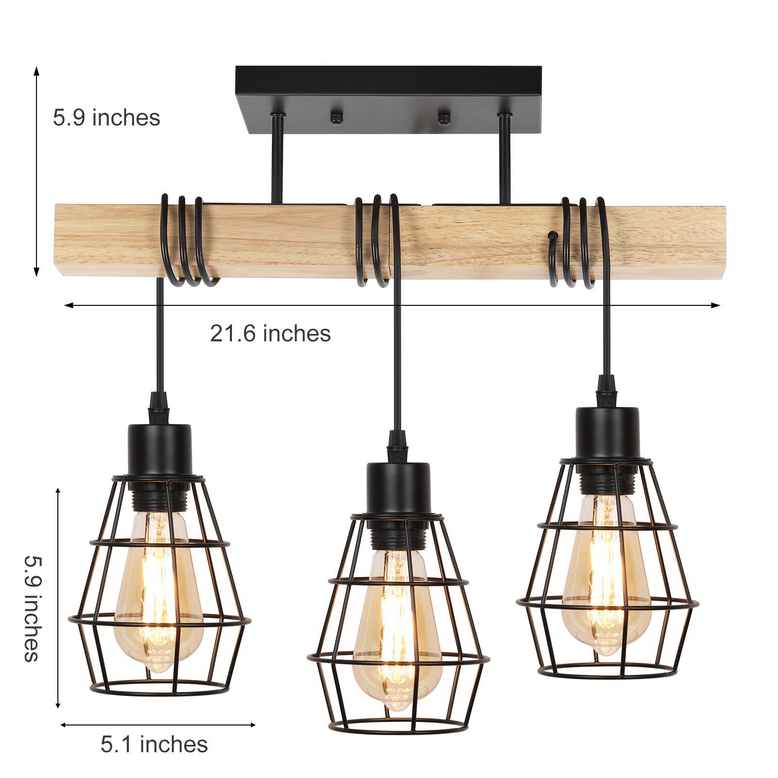 3-Light Industrial Semi Flush Mount Ceiling Fixture with Wood Accents and Metal Cage Shades