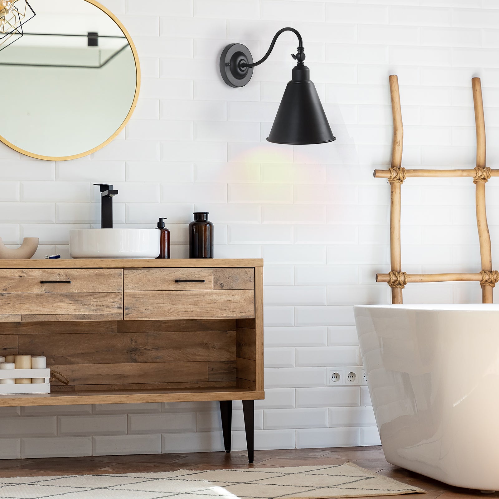 Set of 2 Industrial Wall Sconces, 180Â¡Ã£ Adjustable Matte Black Farmhouse Wall Lamps, Vintage Style Wall Light Fixtures with Arching Arm for Bedroom, Garage, Porch, Kitchen