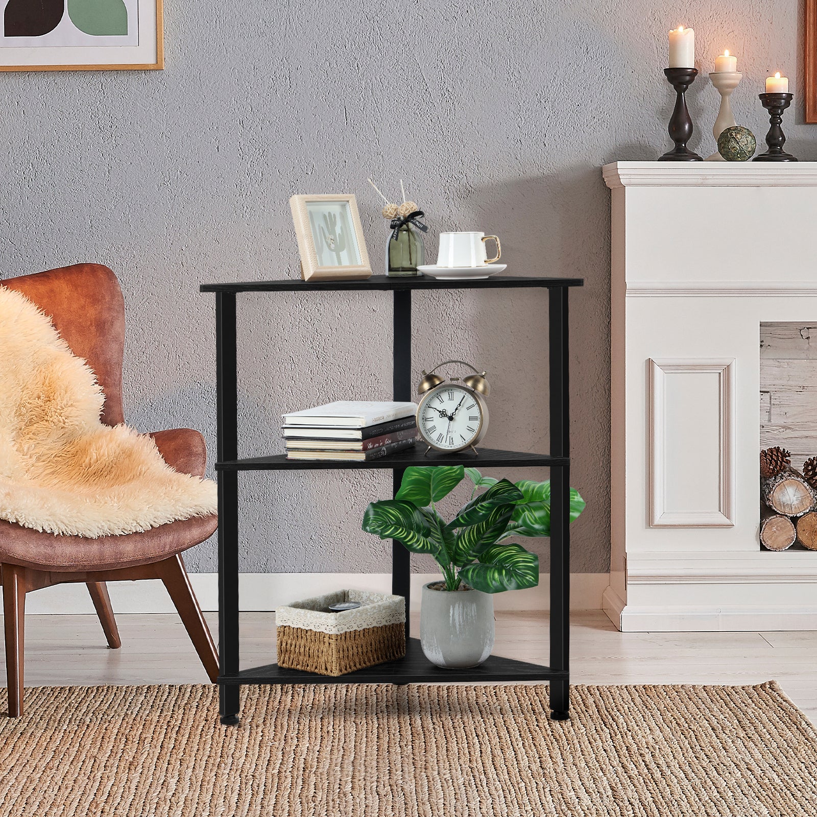 3-Tier Corner Shelf Stand, Triangle Side Table for Small Spaces, Floating Style Display Rack for Home