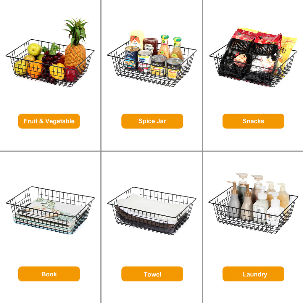 4-Pack Large Metal Wire Storage Baskets, Stackable Pantry Bins & Freezer Organizer for Kitchen Cabinets, Office, Bathroom & Countertop,
