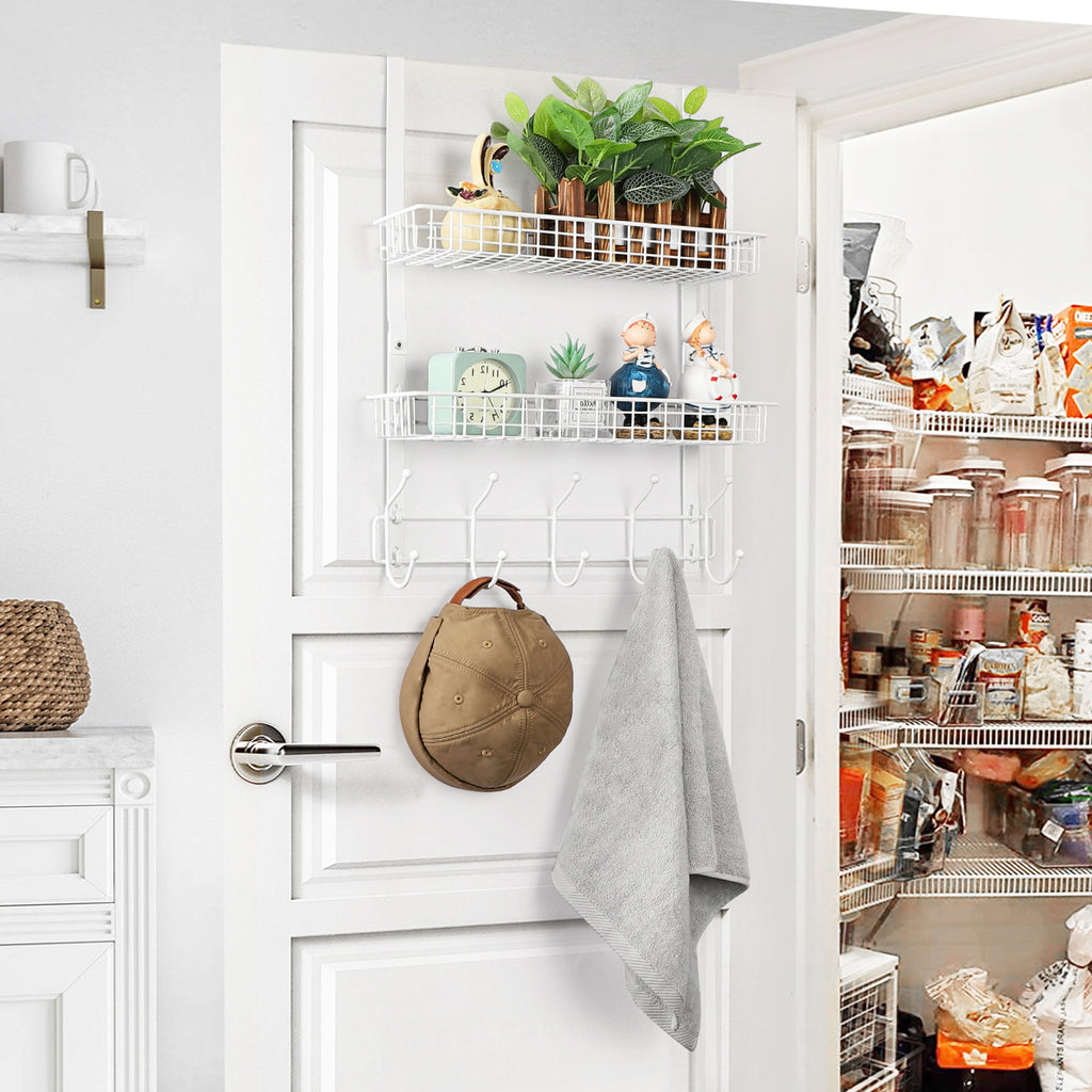 Over The Door Hanger with 2 Mesh Baskets & 5 Hooks - White Detachable Storage Rack