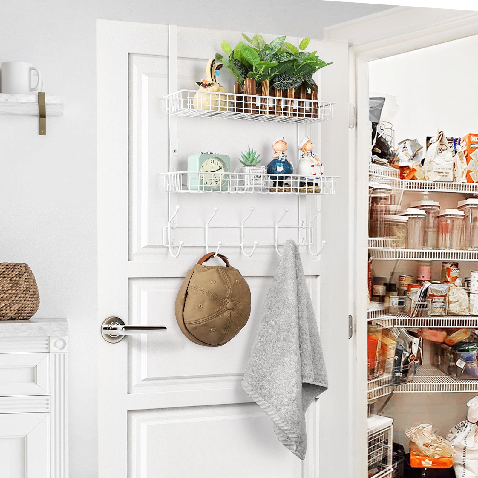 Over The Door Hanger with 2 Mesh Baskets & 5 Hooks - White Detachable Storage Rack