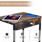 Set of 2 Industrial Nightstands with Charging Station - Side Tables with AC Outlets, Drawer, and Wire Basket