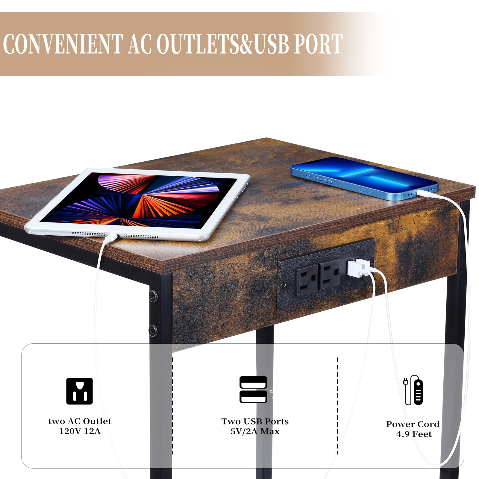 Set of 2 Industrial Nightstands with Charging Station - Side Tables with AC Outlets, Drawer, and Wire Basket