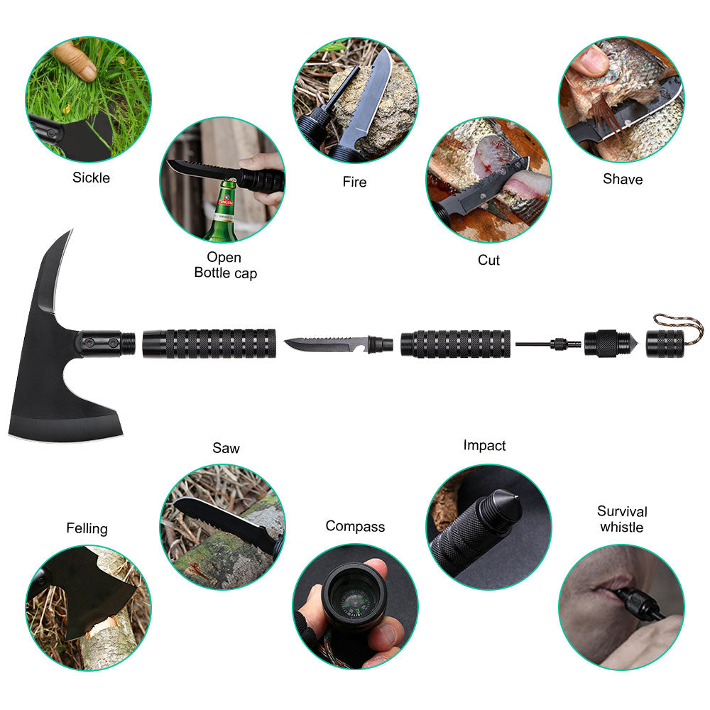 Tactical Camping Axe with Sickle & Survival Tools, Folding Portable Hatchet with Compass and Flint, Multitool for Hiking and Hunting,