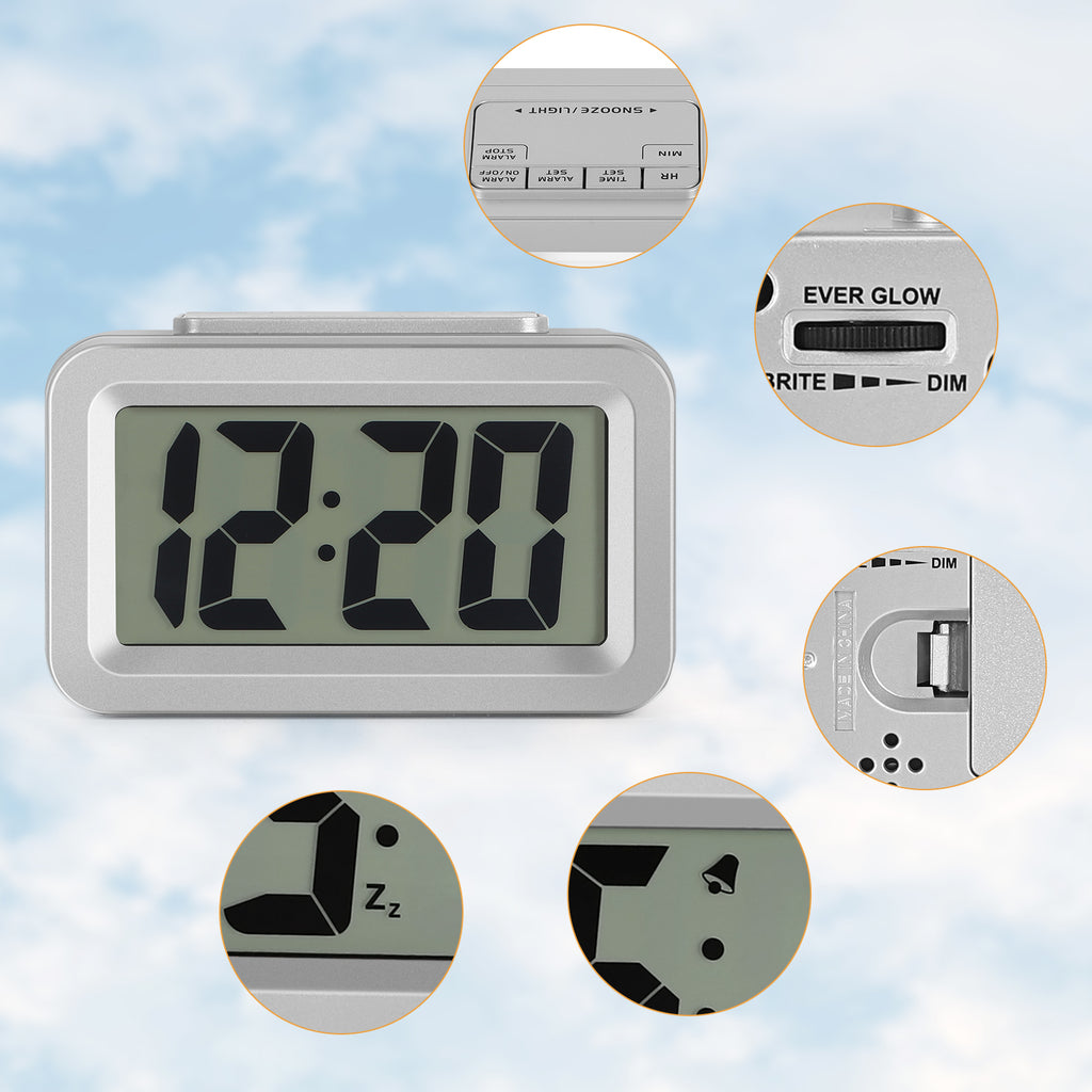 Silver Compact Digital Alarm Clock with Auto Backlight, Snooze & Brightness Dimmer, Battery-Powered LED Clock for Bedside & Desk