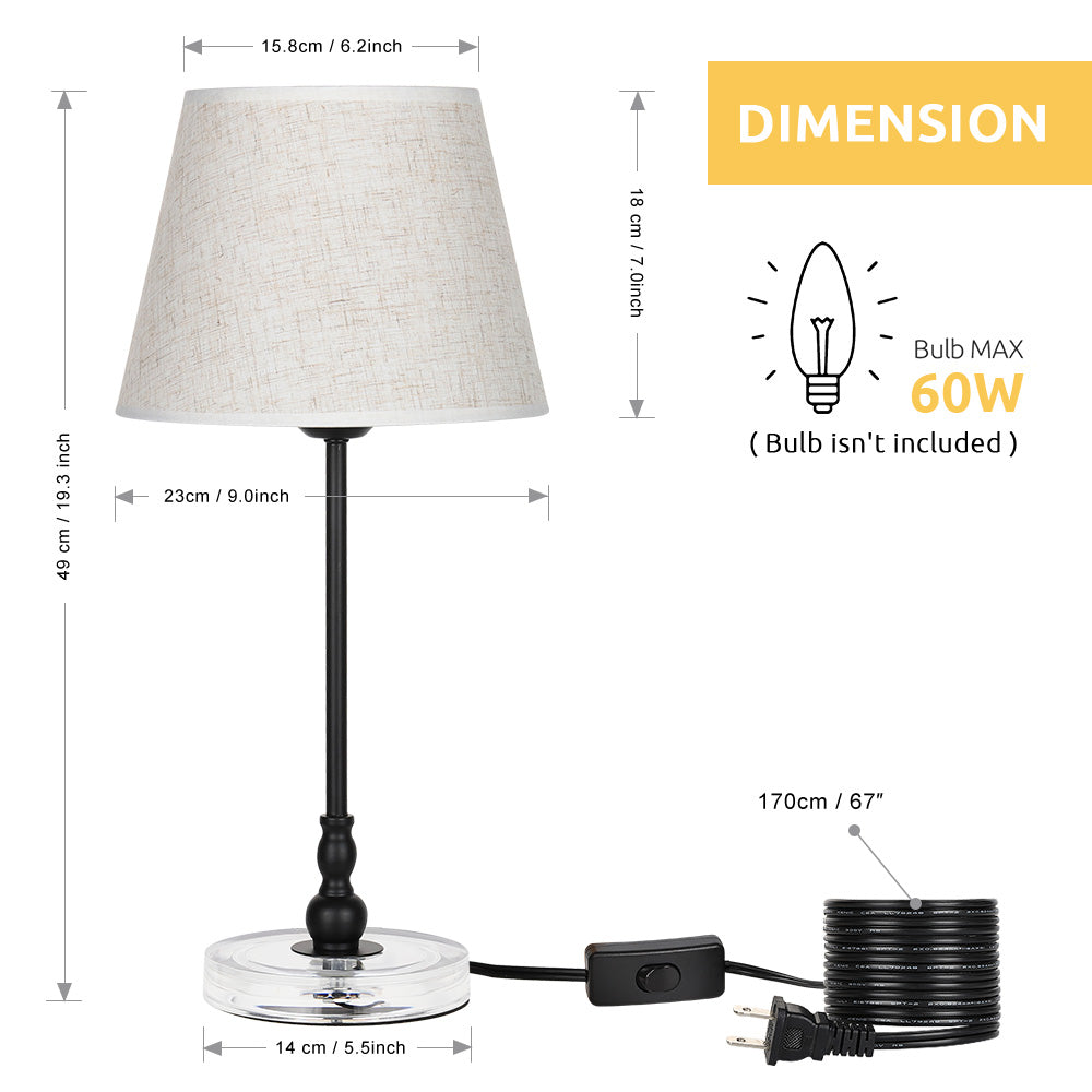 Modern Black Metal & Acrylic Table Lamps (Set of 2)， Sleek Nightstand Lights for Bedrooms.