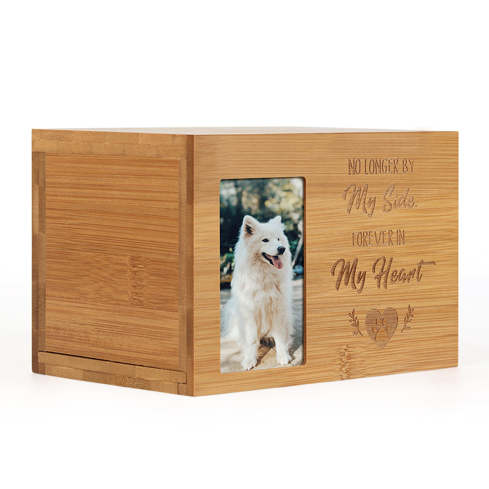 Wooden Pet Memorial Urn with Photo Frame - Keepsake Shadow Box for Dog or Cat Ashes with Engraved Tribute