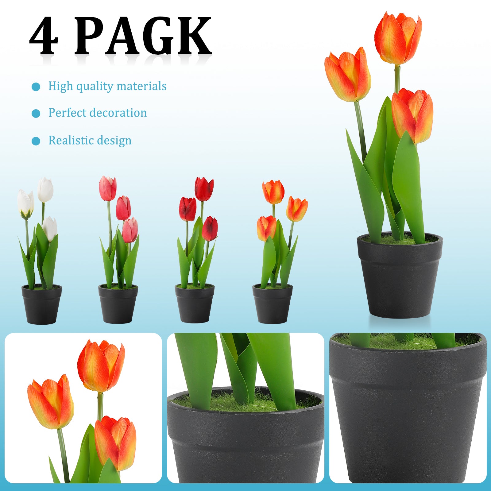 4-Pack Mixed Artificial Tulip Bouquets in Pots, Small Colorful Faux Flowers for Wedding Home & Holiday Party Decor
