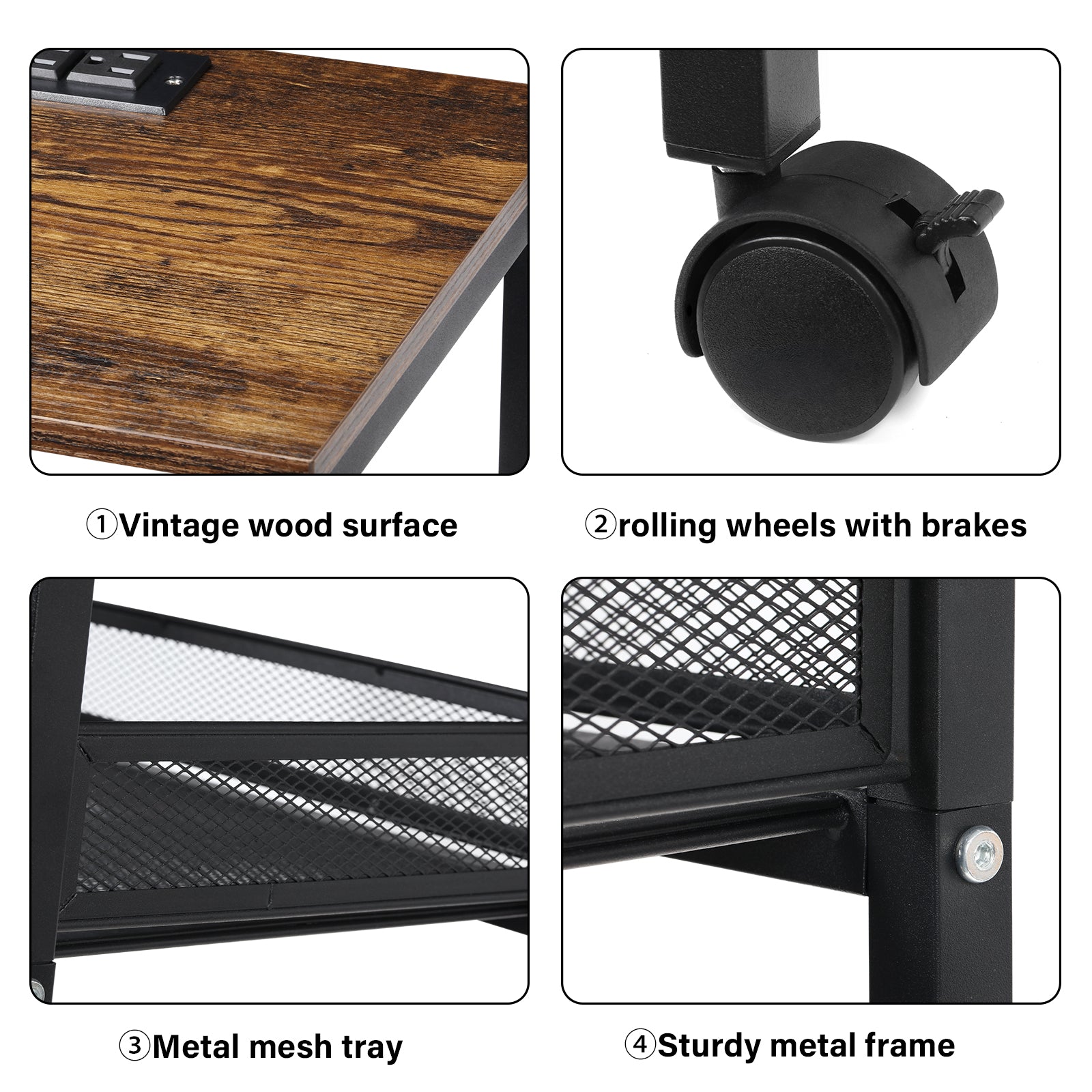 3-Tier Tall End Table with Charging Station - Sofa Side Table with USB Ports and Power Outlets, Rustic Brown