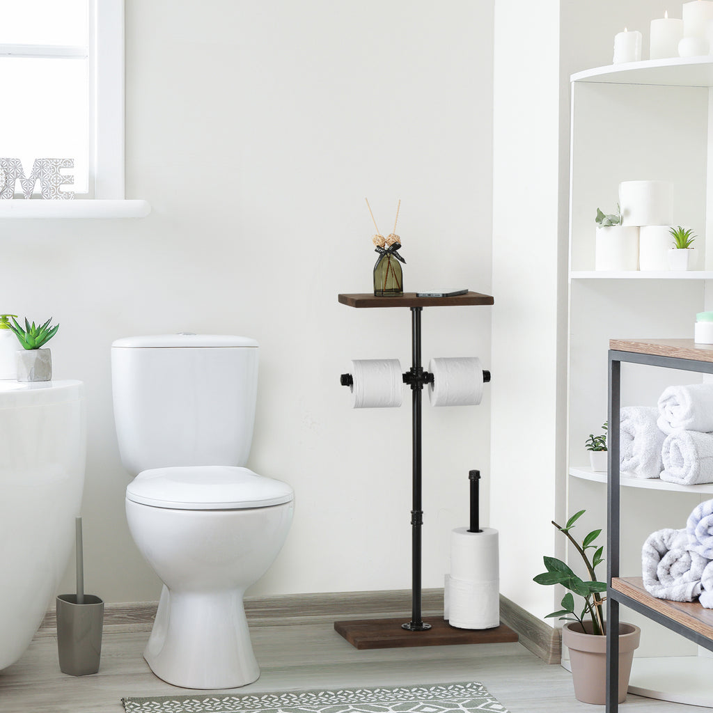 Freestanding Industrial Pipe Toilet Paper Holder with Wood Shelf, Double Roll Dispenser and Reserve Storage for Farmhouse Washroom,